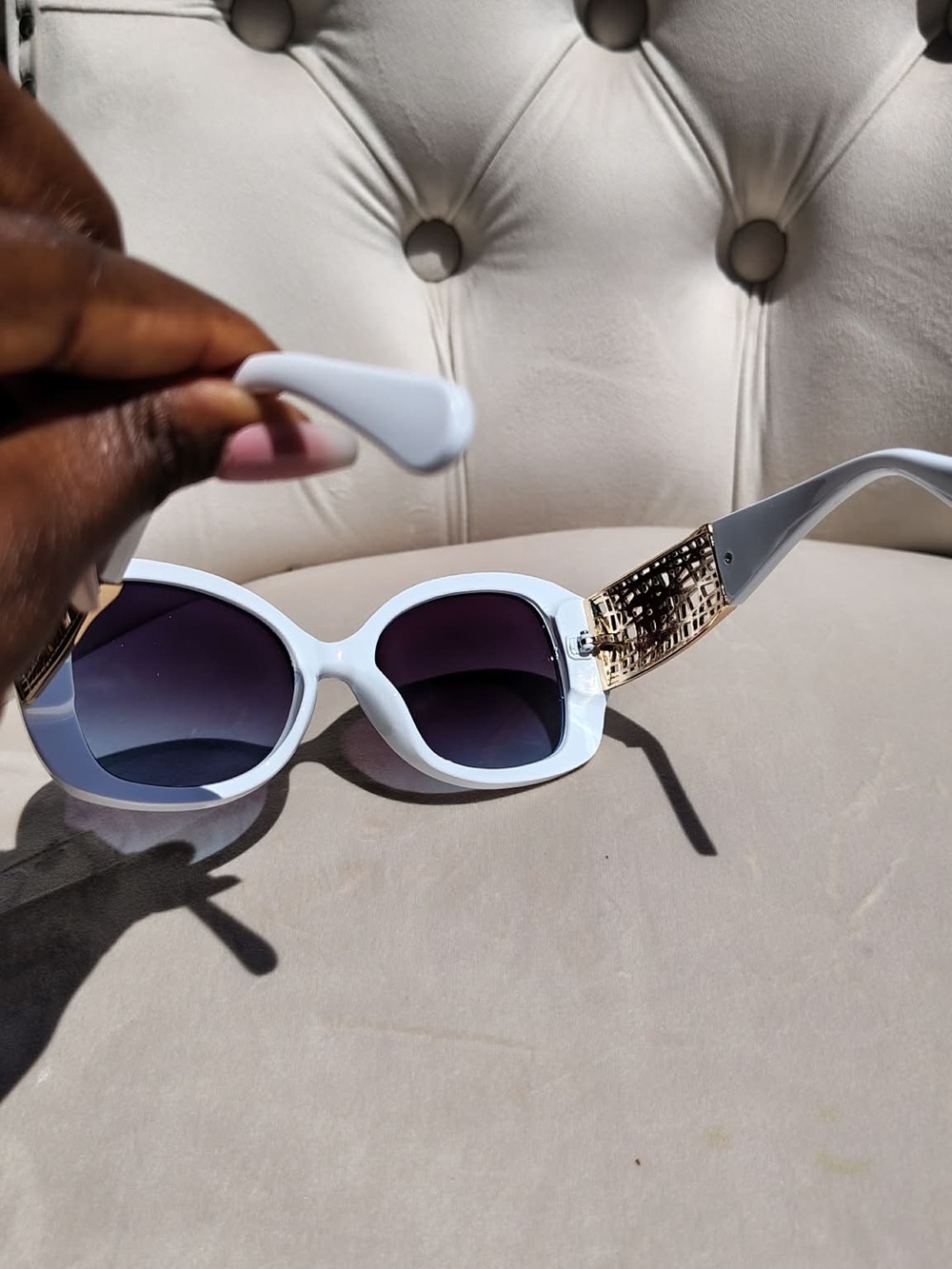 Designer White Sunglasses with Decorative Metal Lattice Temples - Picture 5 of 6